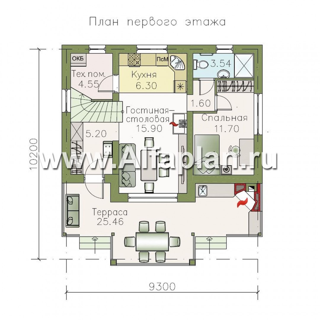 Изображение плана проекта «Отдых» - проект коттеджа с мансардой, планировка со спальней на 1 эт, с большой террасой, дача, дом для отдыха №1