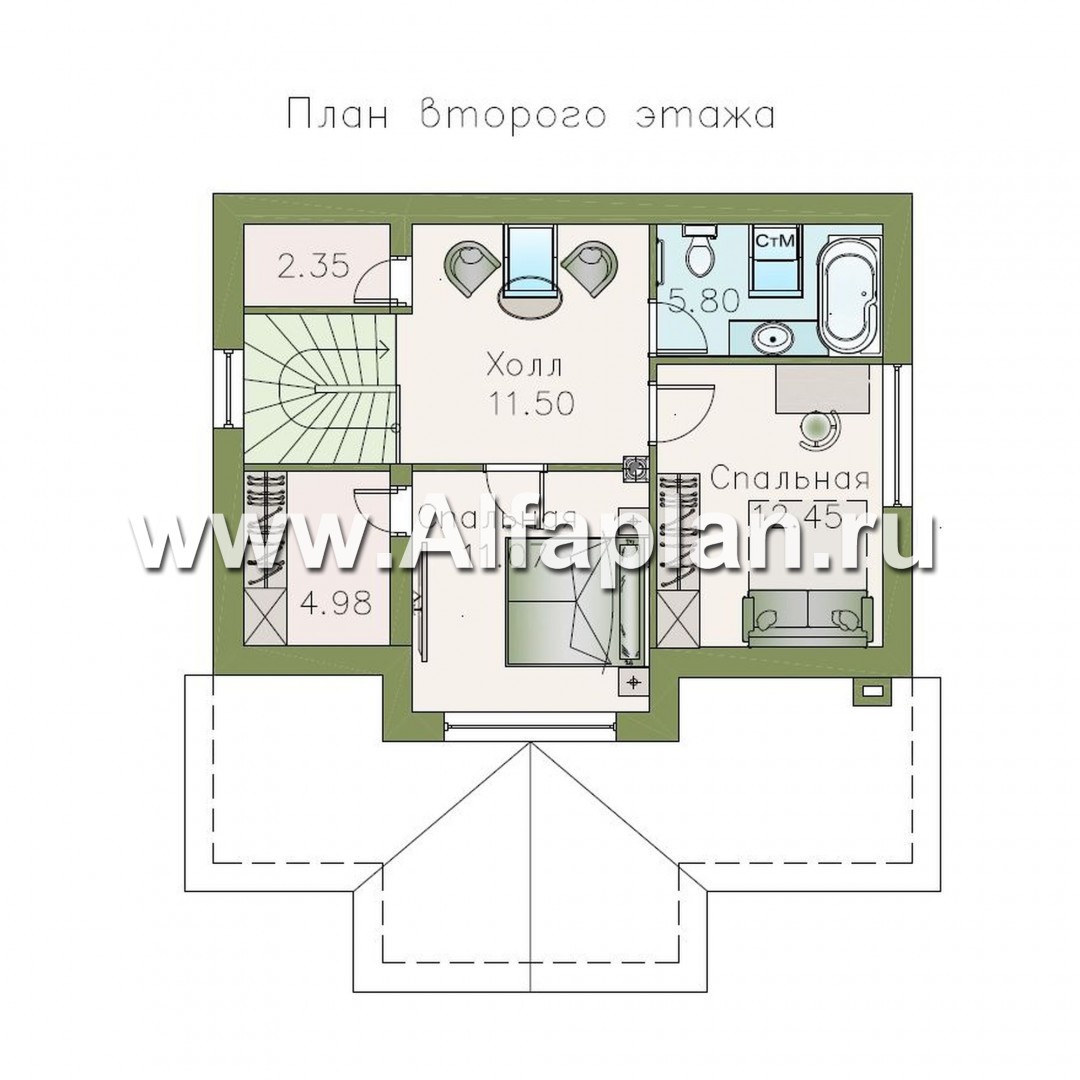 Изображение плана проекта «Отдых» - проект коттеджа с мансардой, планировка со спальней на 1 эт, с большой террасой, дача, дом для отдыха №2