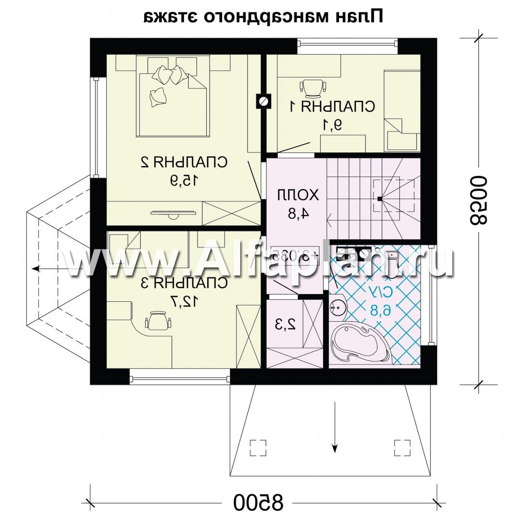 Изображение плана проекта Проект дома с мансардой, планировка 3 спальни, с эркером и кабинетом на 1 эт, для маленького участка №2