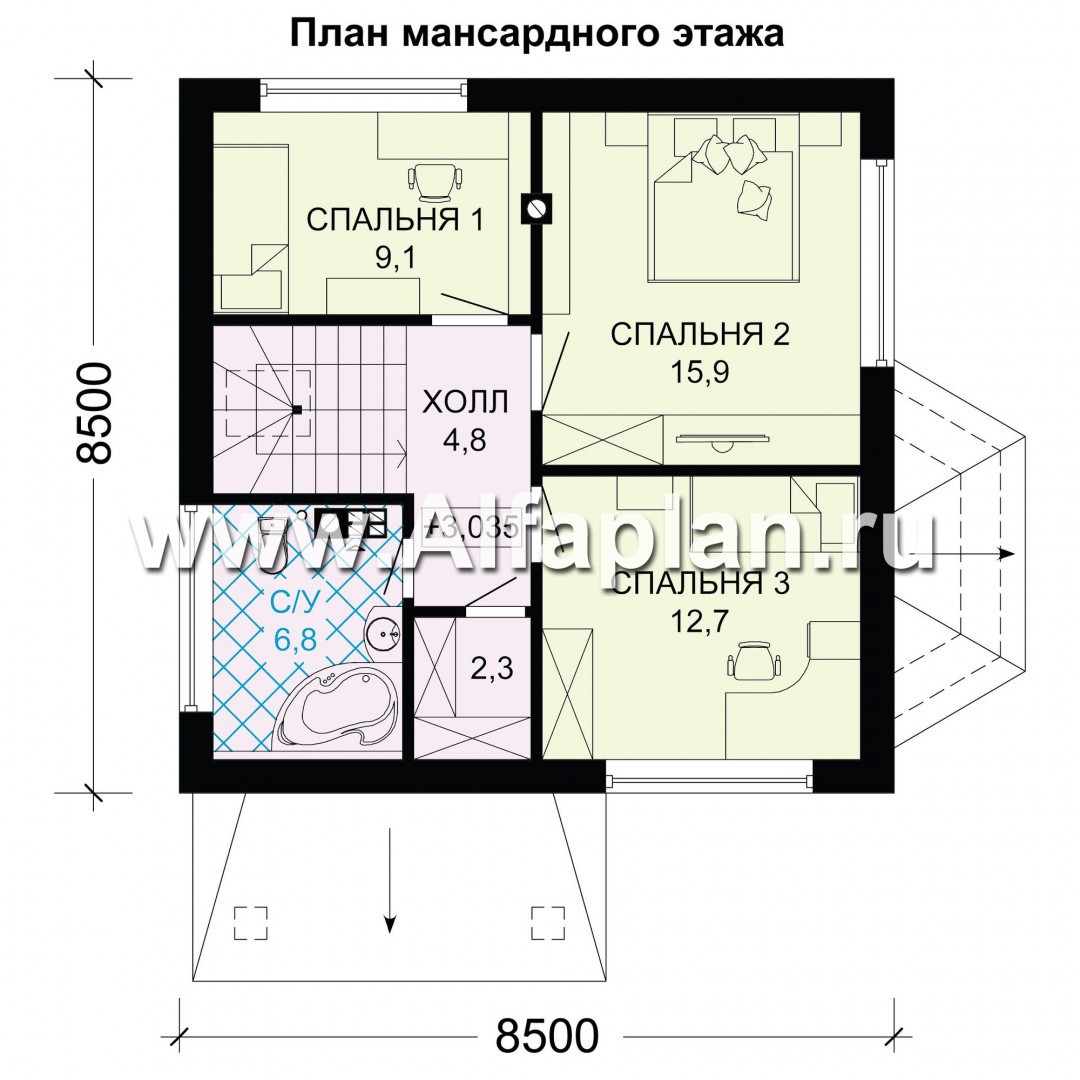 Изображение плана проекта Проект дома с мансардой, планировка 3 спальни, с эркером и кабинетом на 1 эт, для маленького участка №2