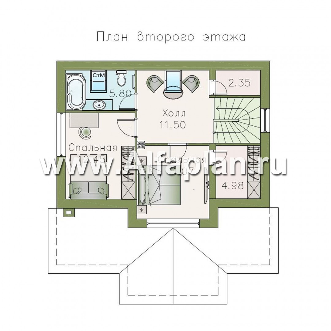 Изображение плана проекта «Отдых» - проект коттеджа с мансардой, планировка со спальней на 1 эт, с большой террасой, дача, дом для отдыха №2