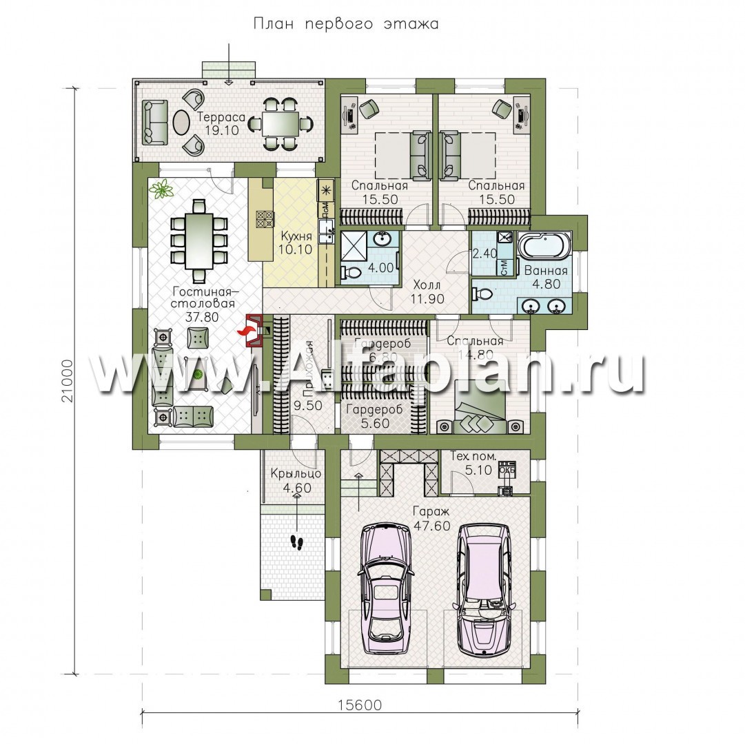 Проекты домов Альфаплан - «Покровка» - стильный одноэтажный коттедж с большим гаражом - план проекта №1