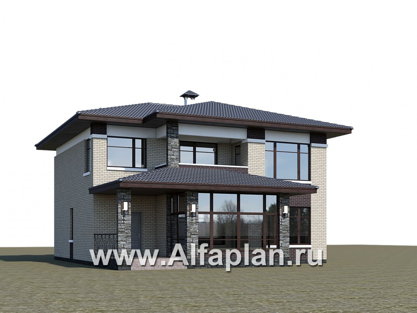 «Маяк» - проект двухэтажного дома из газобетона, с террасой, в стиле Райта - дизайн дома №1