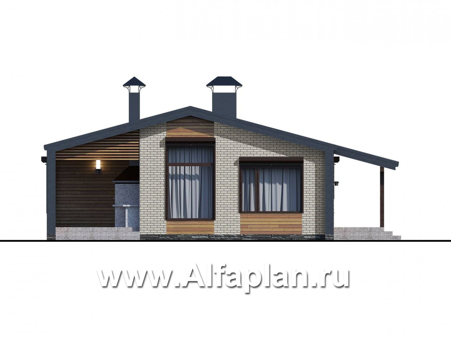 Проекты домов Альфаплан - «Йота» -  проект одноэтажного домав стиле барн, с террасой сбоку, 3 спальни увеличены - изображение фасада №1
