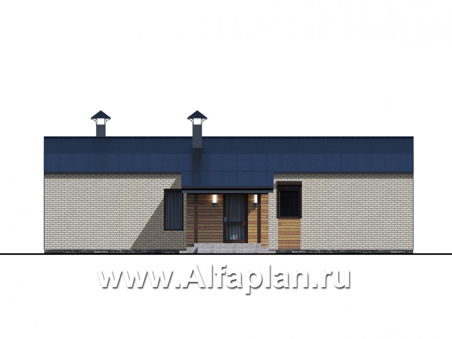 Проекты домов Альфаплан - «Йота» -  проект одноэтажного домав стиле барн, с террасой сбоку, 3 спальни увеличены - изображение фасада №2