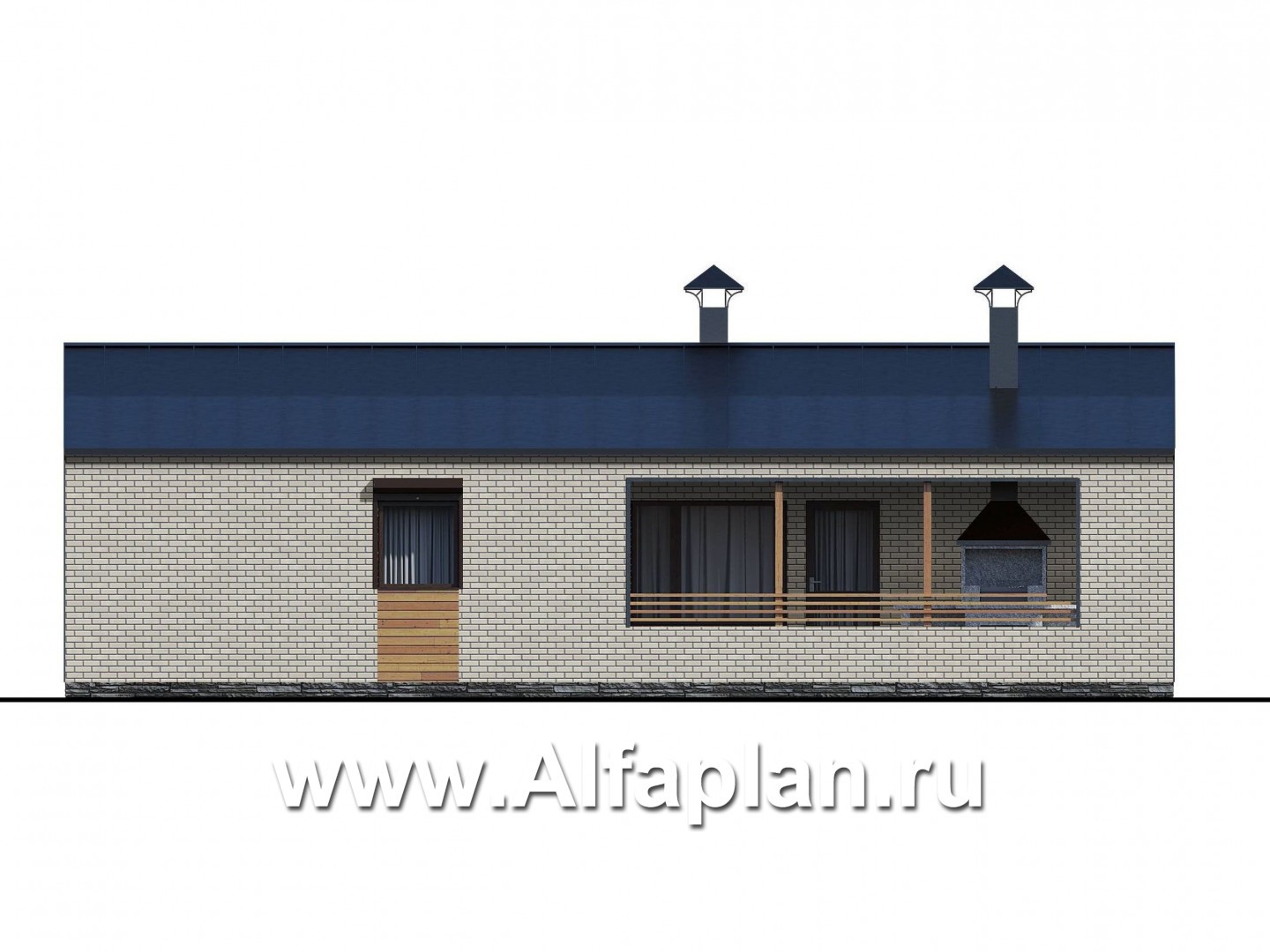 Проекты домов Альфаплан - «Йота» -  проект одноэтажного домав стиле барн, с террасой сбоку, 3 спальни увеличены - изображение фасада №3