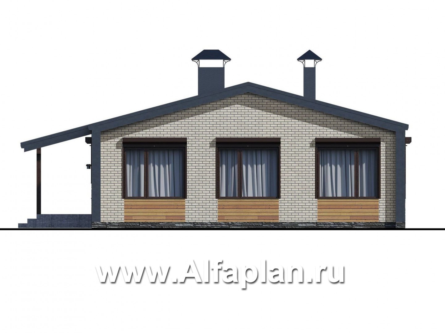 Проекты домов Альфаплан - «Йота» -  проект одноэтажного домав стиле барн, с террасой сбоку, 3 спальни увеличены - изображение фасада №4