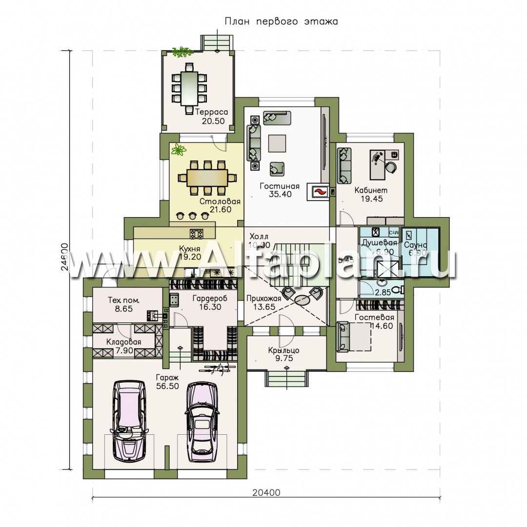 Проекты домов Альфаплан - «Двина» — элегантный особняк с гаражом на два автомобиля - изображение плана проекта №1