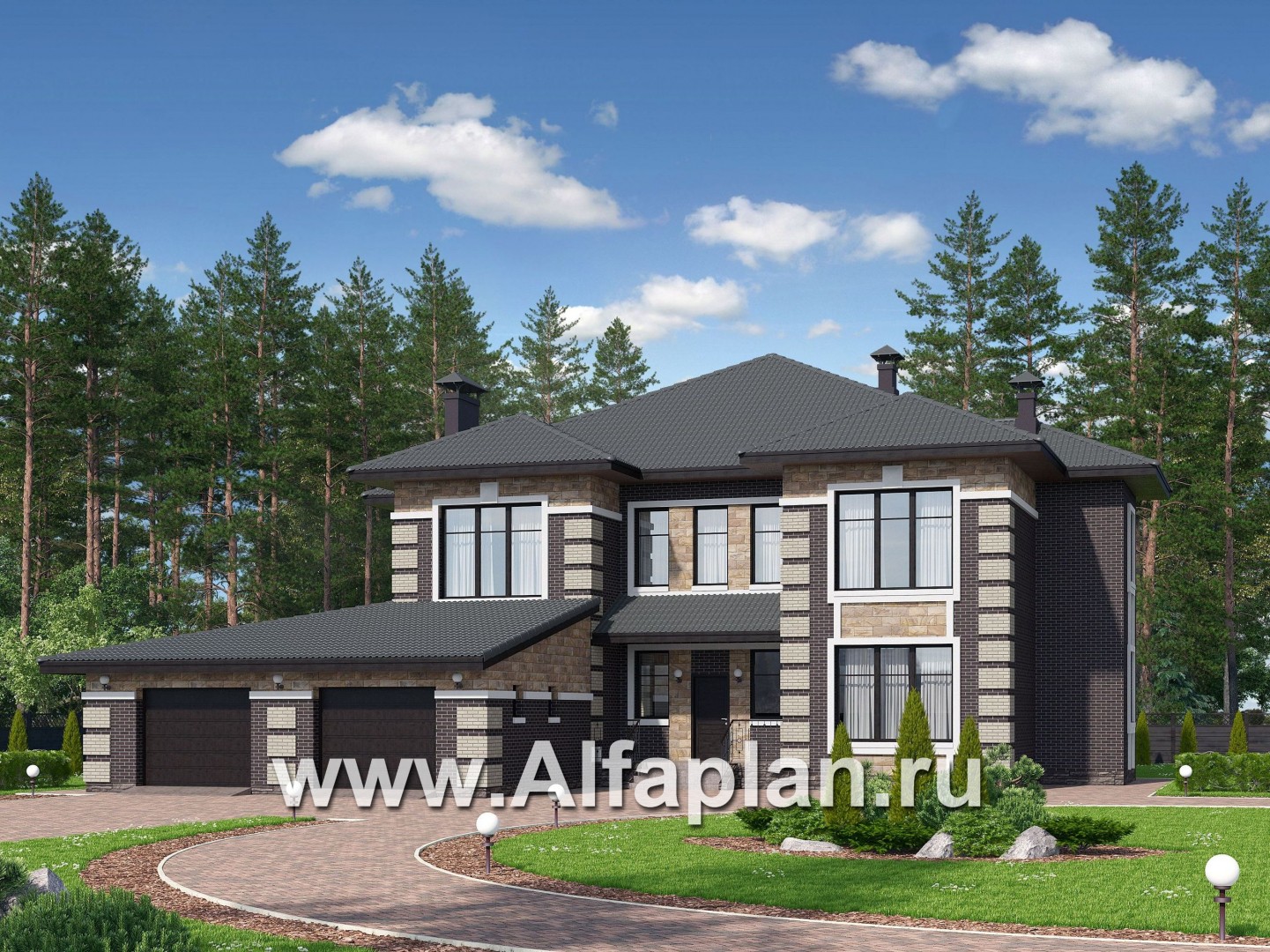 Проекты домов Альфаплан - «Двина» — элегантный особняк с гаражом на два автомобиля - основное изображение
