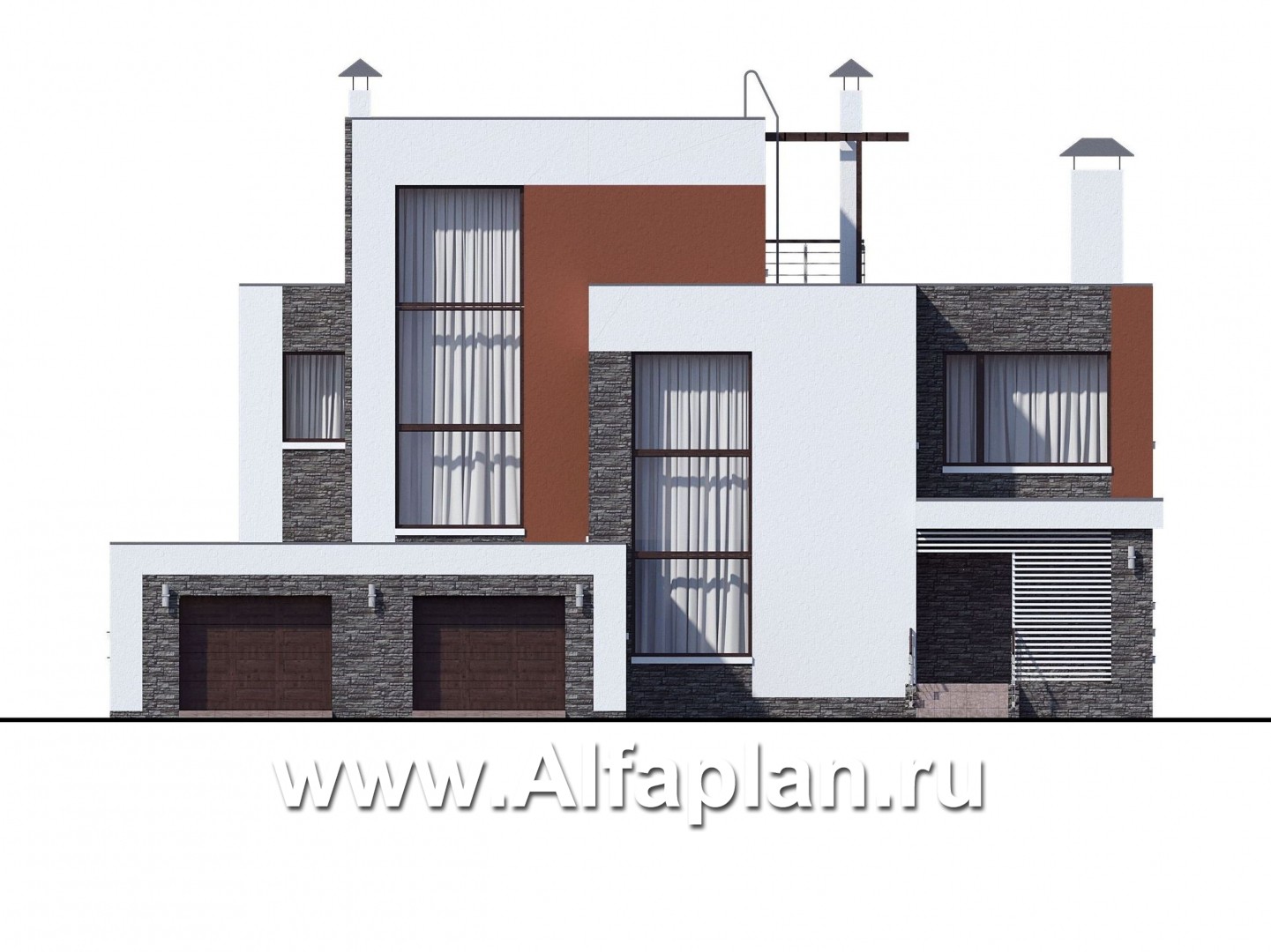 Проекты домов Альфаплан - «Альстер» — трехэтажный коттедж с гаражом и эксплуатируемой кровлей - изображение фасада №1