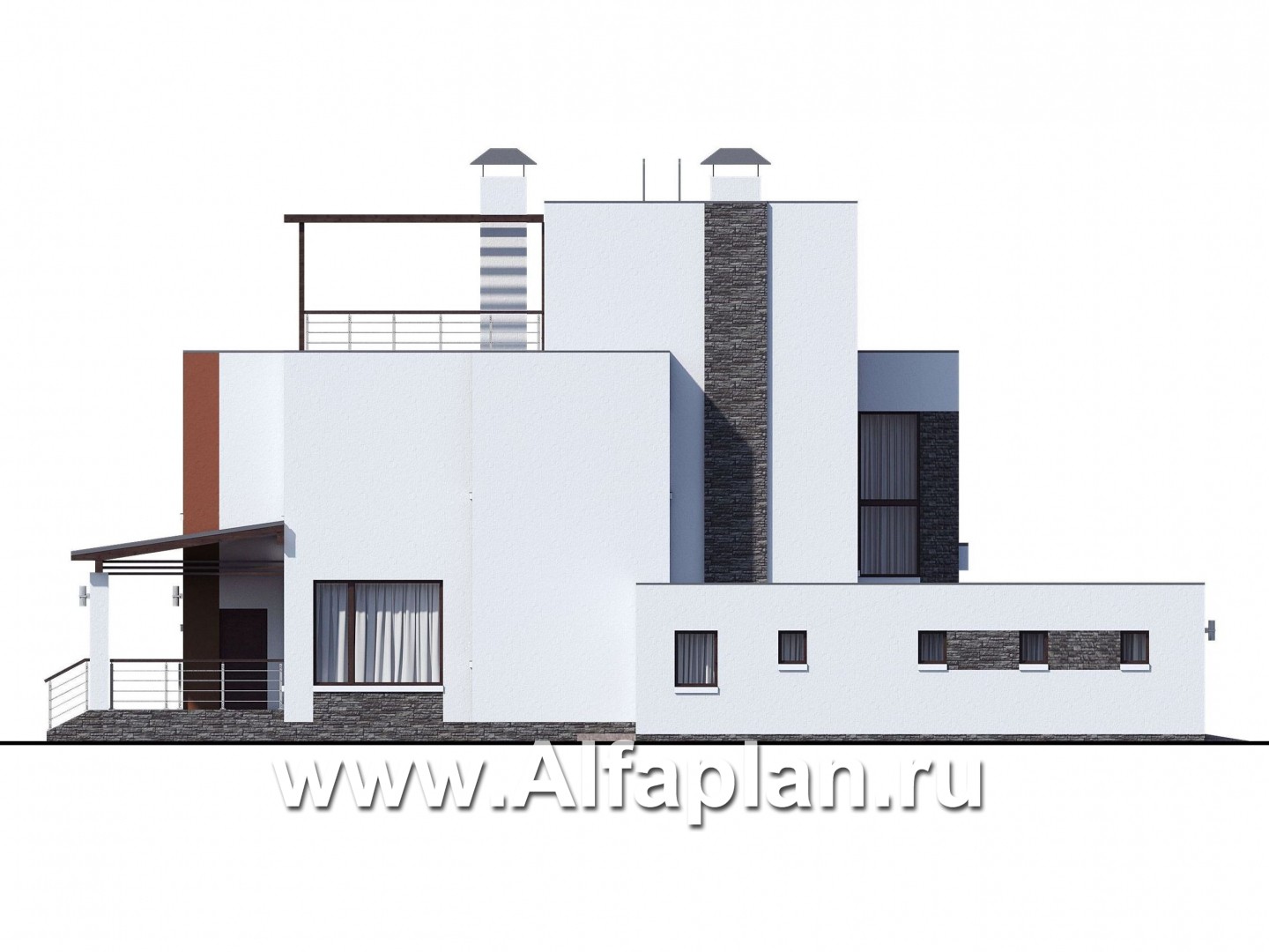 Проекты домов Альфаплан - «Альстер» — трехэтажный коттедж с гаражом и эксплуатируемой кровлей - изображение фасада №3