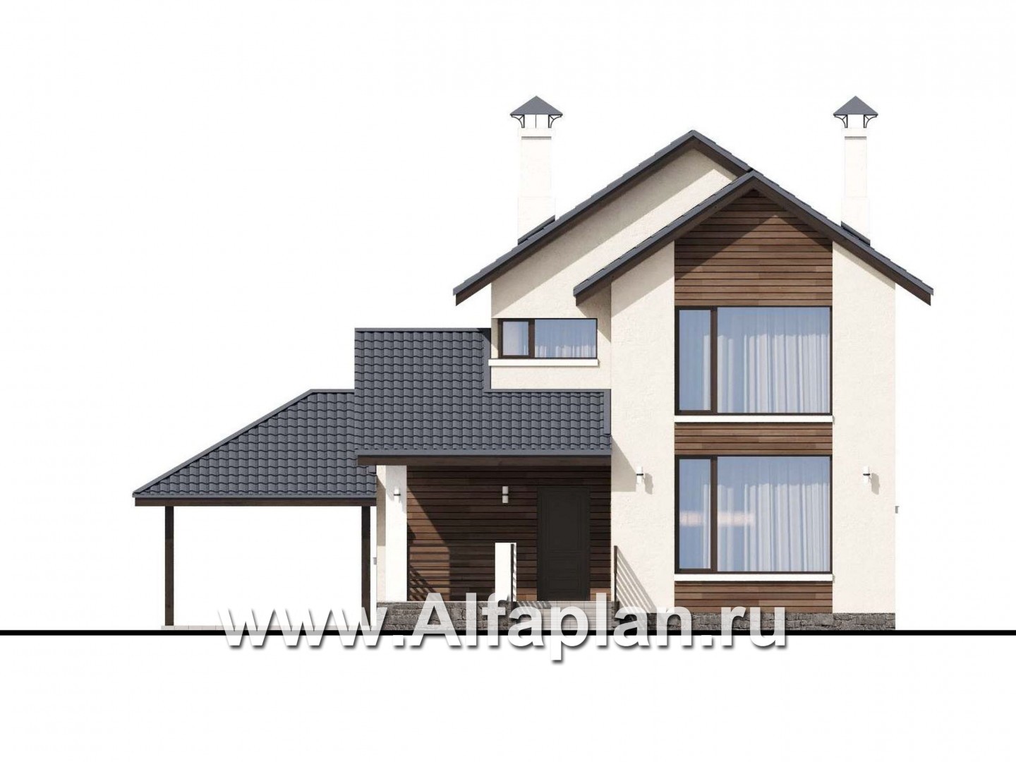Проекты домов Альфаплан - «Весна» - экономичный и удобный дом с гаражом-навесом - изображение фасада №1