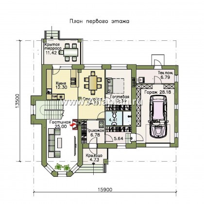 Проекты домов Альфаплан - «Благополучие» - классический коттедж с открытой планировкой и гаражом - превью плана проекта №1
