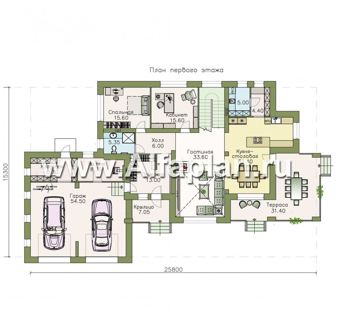 Проекты домов Альфаплан - «Арно» - проект двухэтажного дома,  с двусветной гостиной, с террасой, с гаражом на 2 авто - план проекта №1