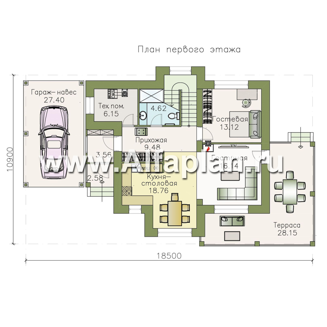 Проекты домов Альфаплан - «Стимул» - рациональный загородный дом с навесом для машины - план проекта №1
