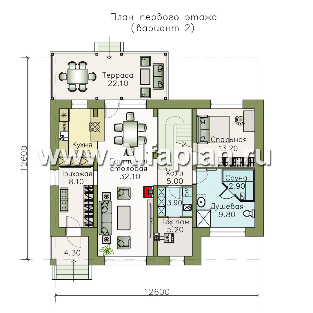 Проекты домов Альфаплан - «Кассиопея» - мансардный коттедж с 5-ю спальнями, или 4-е спальни + сауна - план проекта №2