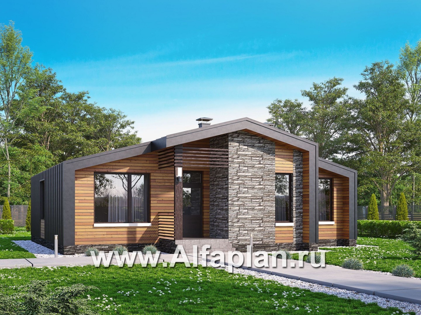 «Альфа» - проект одноэтажного каркасного дома, с сауной и с террасой, в стиле барнхаус - основное изображение
