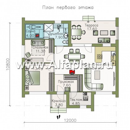 «Альфа» - проект одноэтажного каркасного дома, с сауной и с террасой, в стиле барнхаус - превью план дома