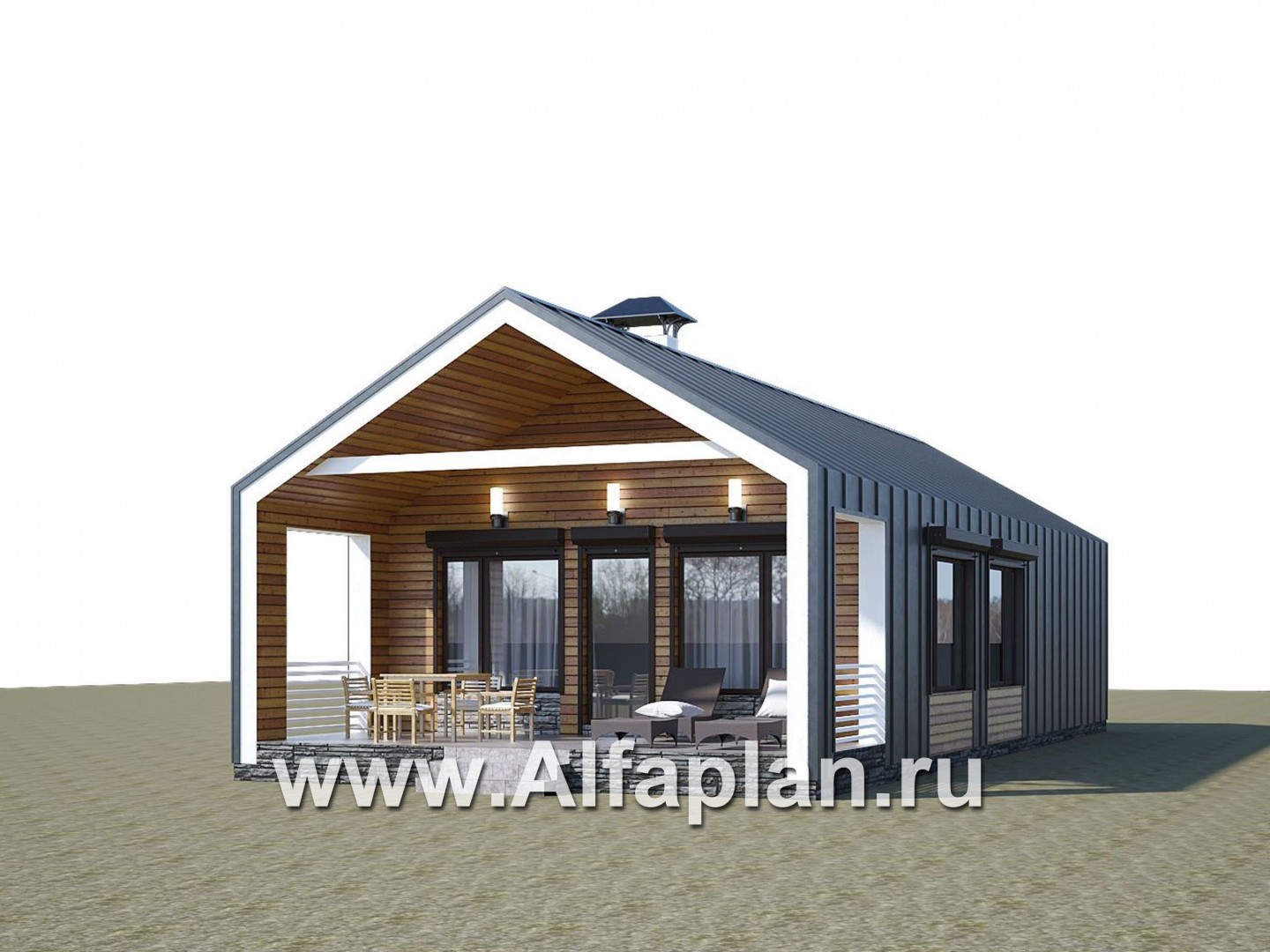 «Тета» -  проект одноэтажного дома в стиле барнхаус, с террасой, 2 спальни - дизайн дома №1
