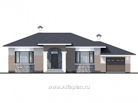 Проекты домов Альфаплан - "Новый свет" - проект одноэтажного дома с гаражом для небольшой семьи - превью фасада №1