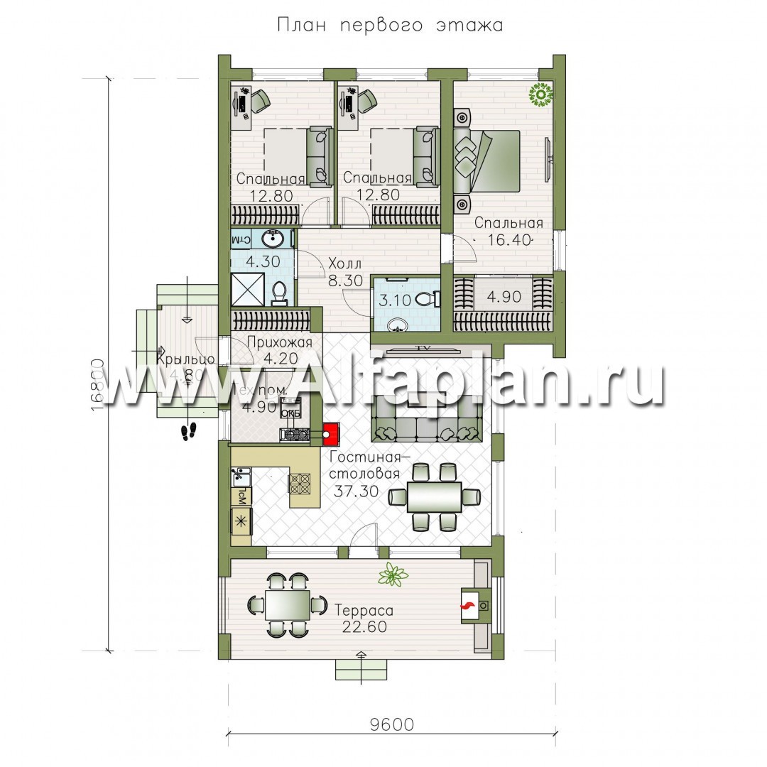 Проекты домов Альфаплан - «Лямбда» - просторный дом в современном стиле. Увеличены спальни - план проекта №1