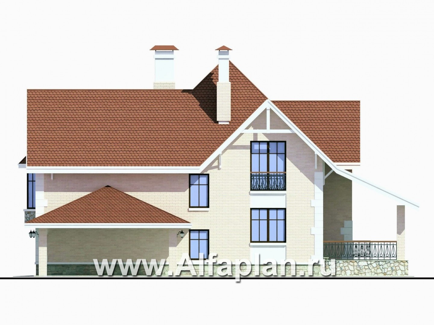 Проекты домов Альфаплан - «Ветер перемен»- коттедж с гаражом и навесом для автомобиля - изображение фасада №4