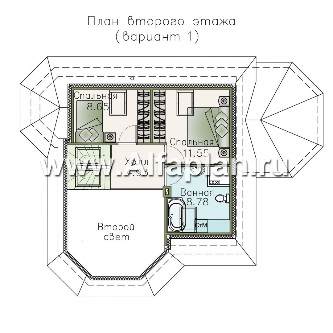 Проекты домов Альфаплан - «Душечка» - проект дома с мансардой, с террасой и вторым светом - план проекта №2