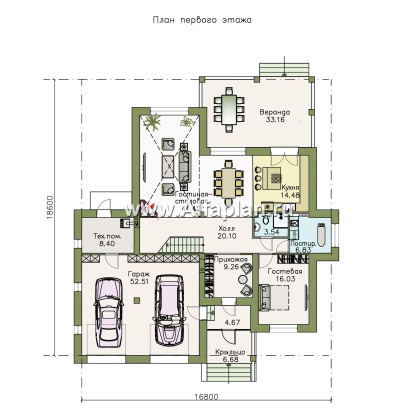 Проекты домов Альфаплан - «Привилегия» - элегантный коттедж из кирпиечй (или блоков) с большим гаражом и террасой - превью плана проекта №1