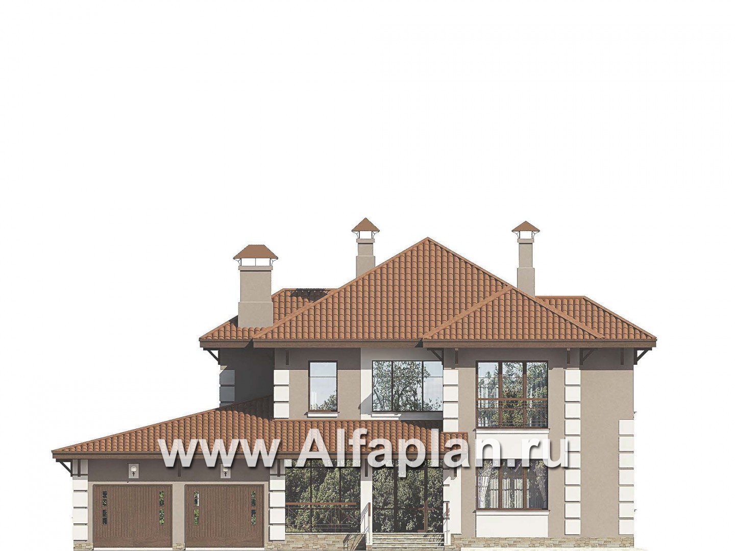 Проекты домов Альфаплан - «Капулетти» - двухэтажный коттедж с гаражом на две машины - изображение фасада №1
