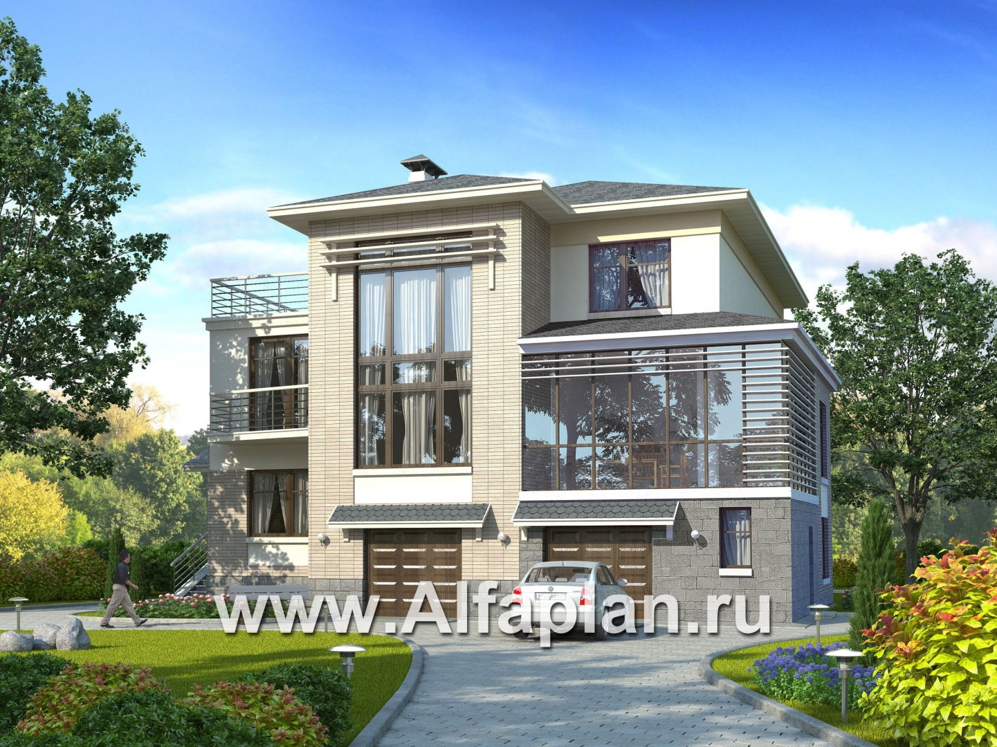 Проекты домов Альфаплан - «Три  семерки»- современный особняк с большими окнами - основное изображение