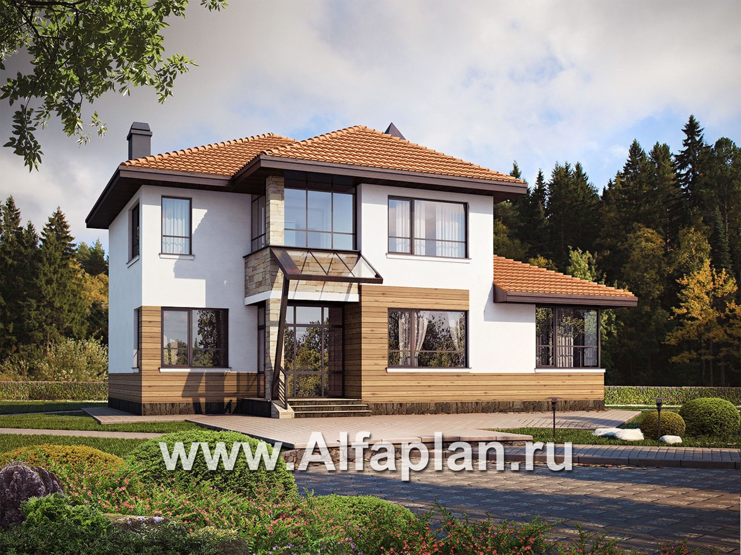 Проекты домов Альфаплан - «Драйв»- дом с высокой гостиной и  террасой - основное изображение