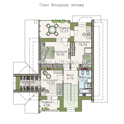 «Зальцбург» - проект дома с мансардой, с балконом и с террасой, план с кабинетом на 1 эт, в немецком стиле - превью план дома