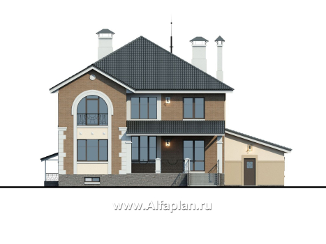 Проекты домов Альфаплан - «Феникс плюс» - коттедж с большим гаражом и цокольным этажом - превью фасада №4
