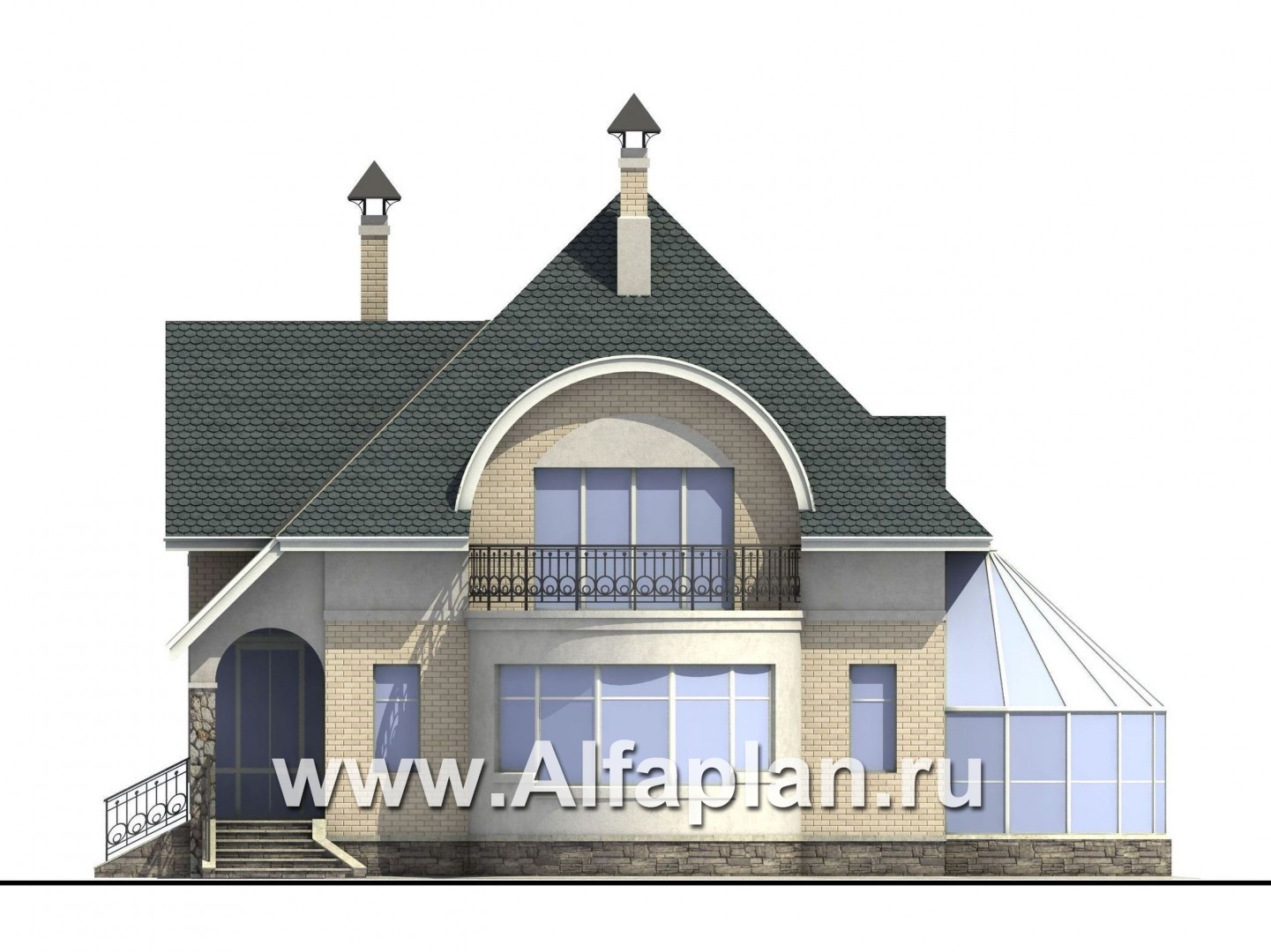 Проекты домов Альфаплан - «Новелла» - архитектурная планировка с полукруглым зимним садом - изображение фасада №1