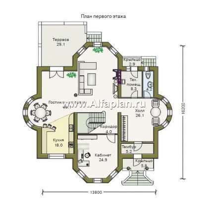 «Белта» - проект двухэтажного дома из газобетона, планировка со вторым светом в гостиной, с эркером и террасой - превью план дома
