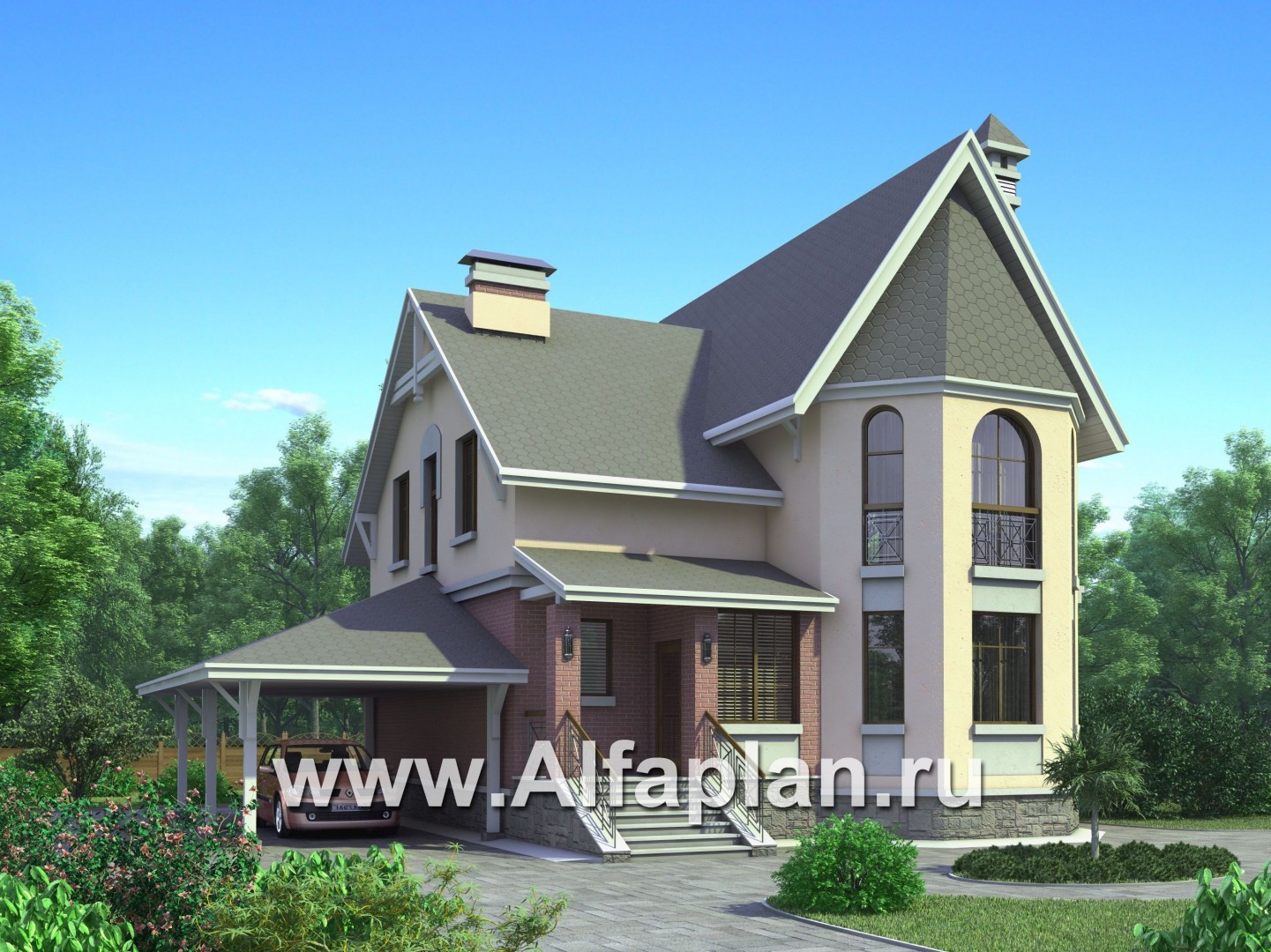 Проекты домов Альфаплан - «Аристо» - компактный дом с навесом для машины - основное изображение