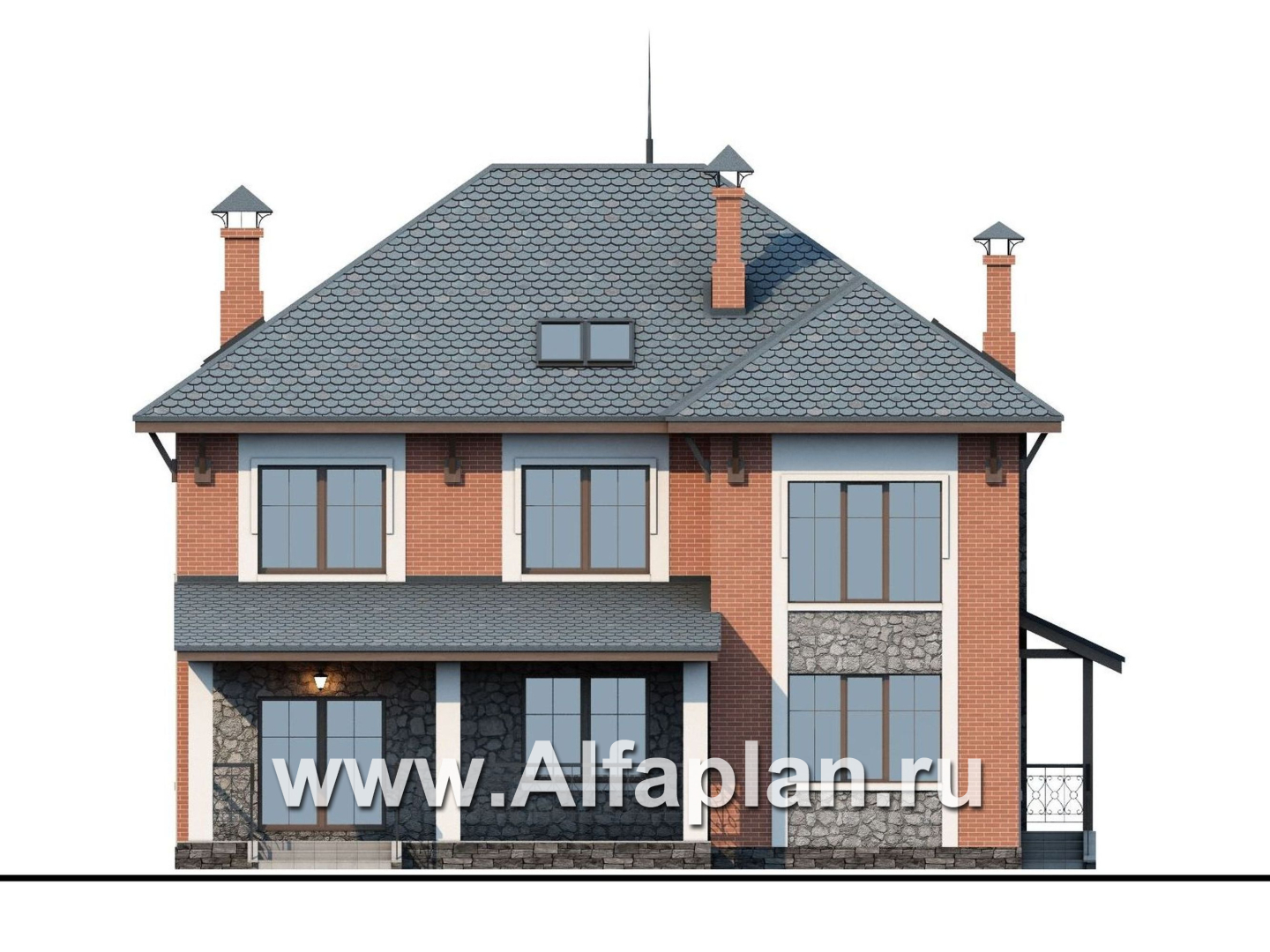 Проекты домов Альфаплан - «Айвенго»- двуxэтажный особняк для большой семьи с жилой мансардой - изображение фасада №4