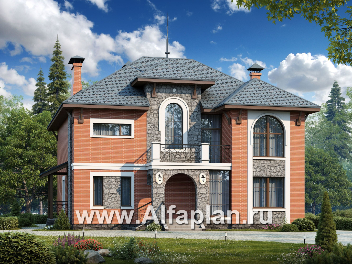 Проекты домов Альфаплан - «Айвенго»- двуxэтажный особняк для большой семьи с жилой мансардой - основное изображение