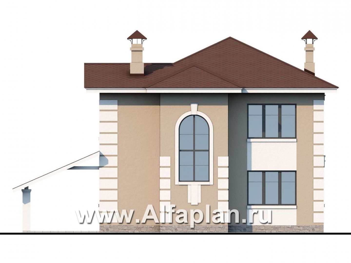 «Знаменка» - проект двухэтажного дома из газобетона, планировка с эркером и с террасой, с навесом на 1 авто - фасад дома