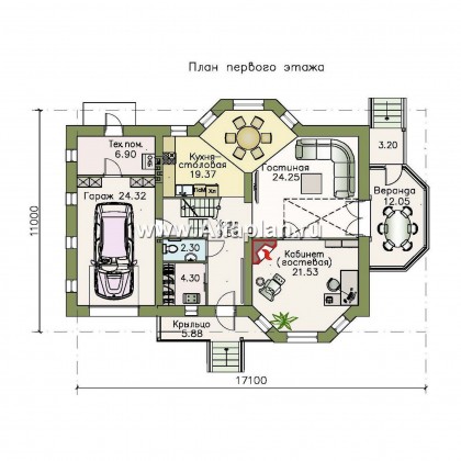 Проекты домов Альфаплан - «Грюсгот» - проект  коттеджа с гаражом и верандой - превью плана проекта №1