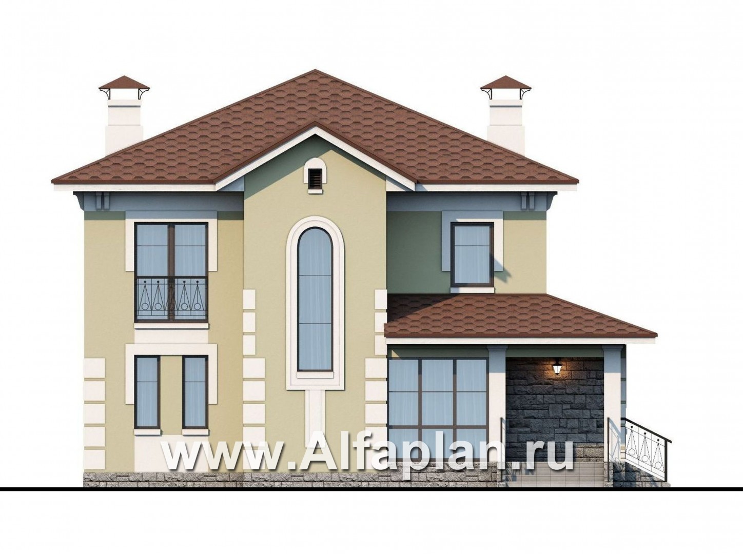 Проекты домов Альфаплан - «Кваренги» - классический коттедж с террасой и просторной лоджией - изображение фасада №1