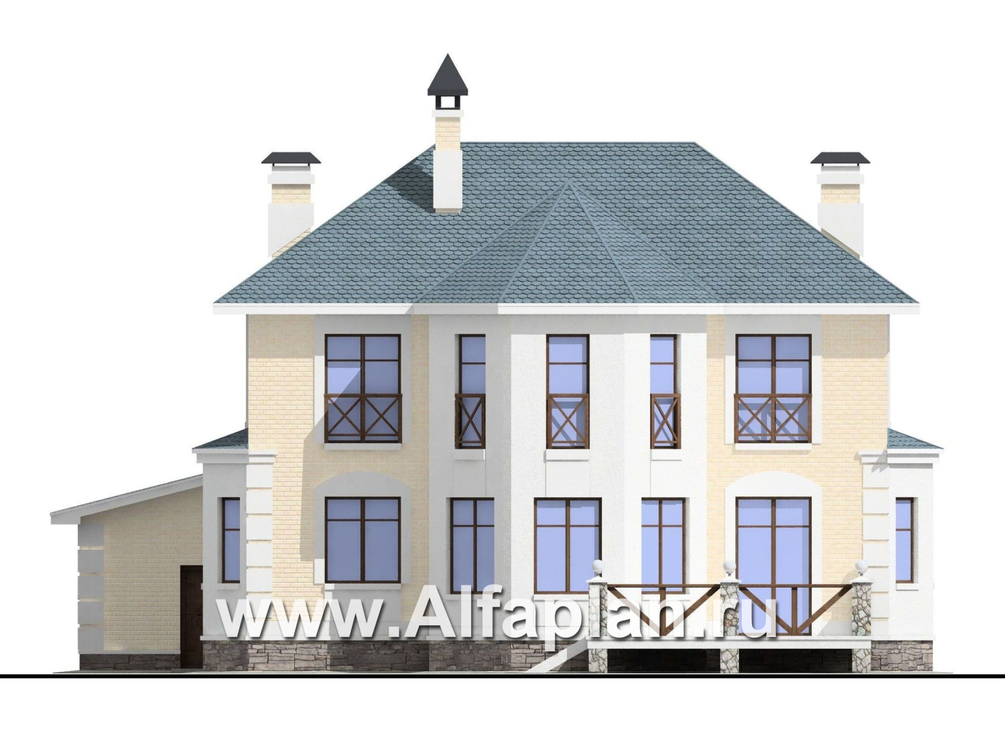 Проекты домов Альфаплан - «Петровское барокко»- двухэтажный коттедж с гаражом на два автомобиля - изображение фасада №4