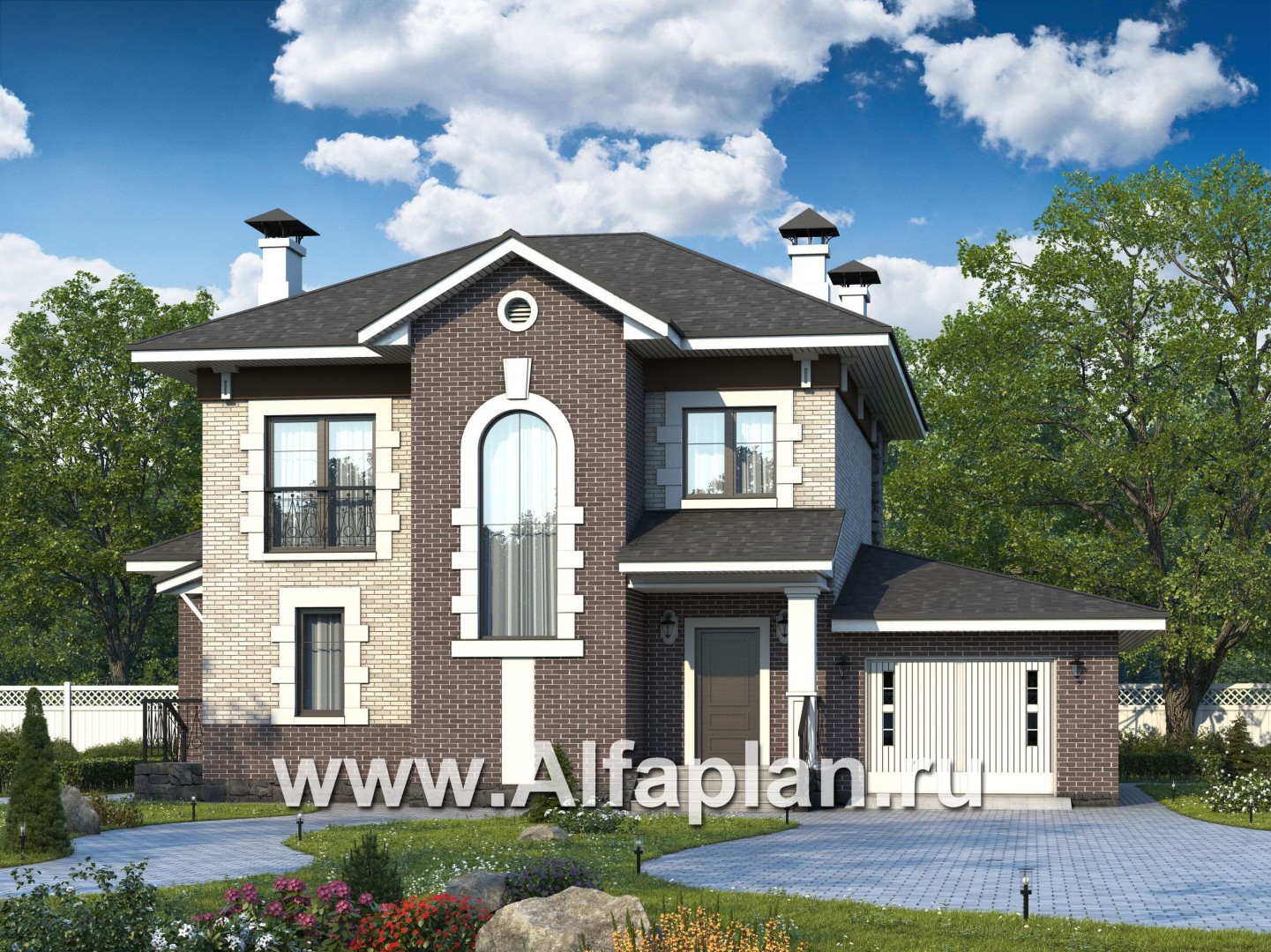 Проекты домов Альфаплан - «Равновесие» - изящный коттедж с террасами и гаражом - основное изображение