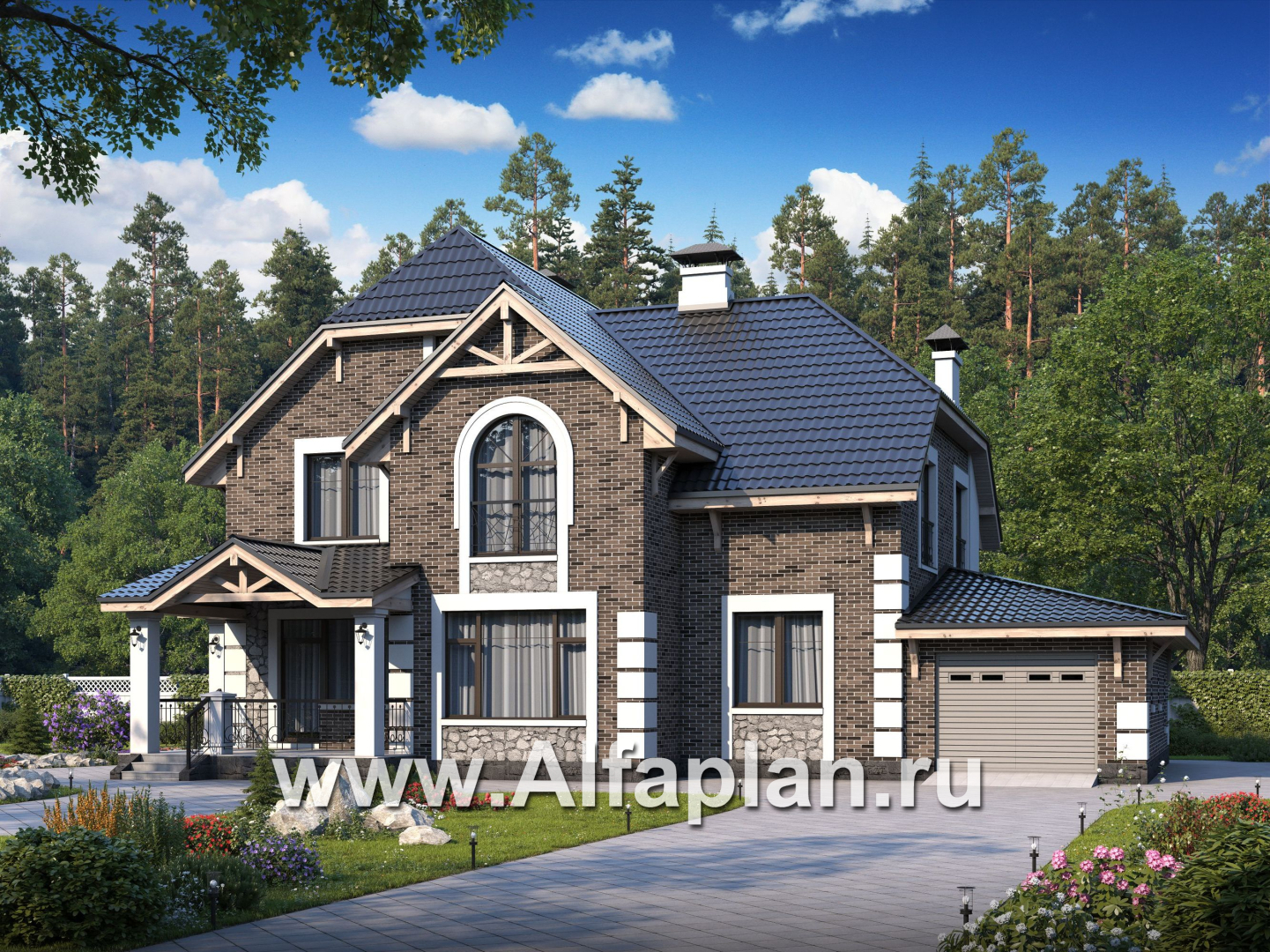 Проекты домов Альфаплан - «Ясная поляна»- коттедж для большой семьи с гаражом и бильярдной - основное изображение