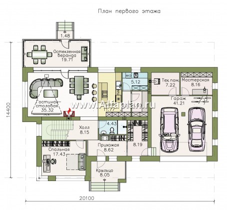 «Прайд» - проект современного двухэтажного дома, мастер спальня, с террасой и сауной, гараж на 2 авто, фасад из кирпичей - превью план дома