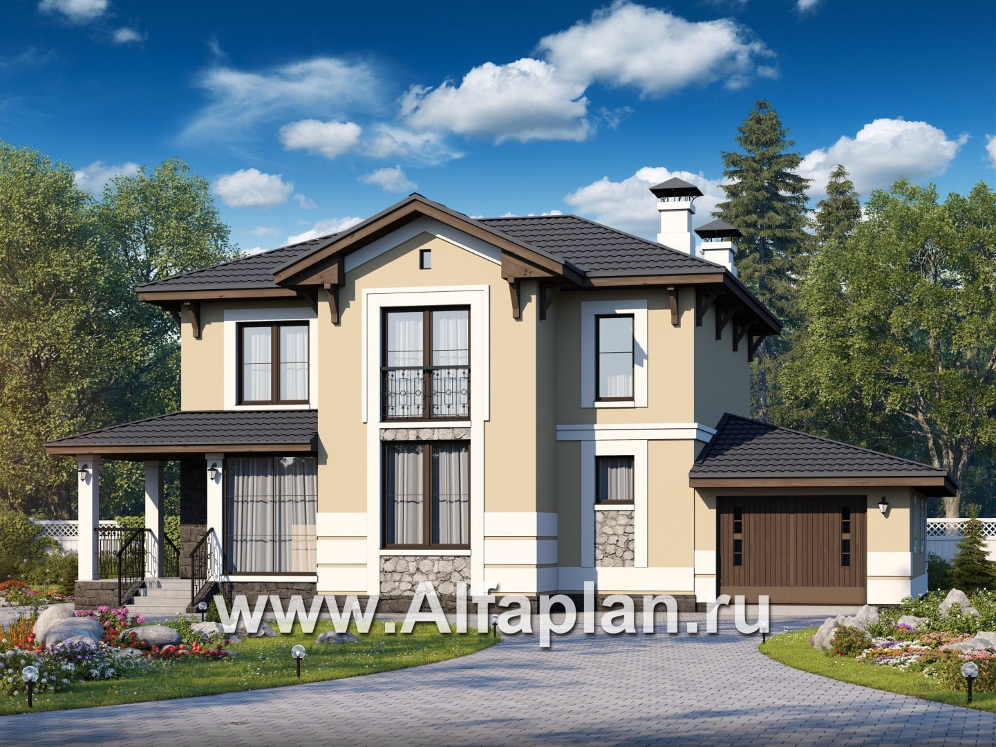 Проекты домов Альфаплан - «Невский стиль» - удобный и красивый двухэтажный дом с гаражом - основное изображение