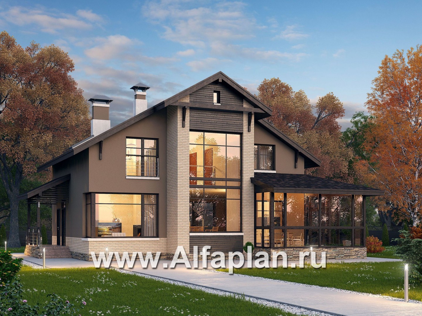 Проекты домов Альфаплан - «Регата» - загородный дом с мансардой под двускатной крышей - основное изображение