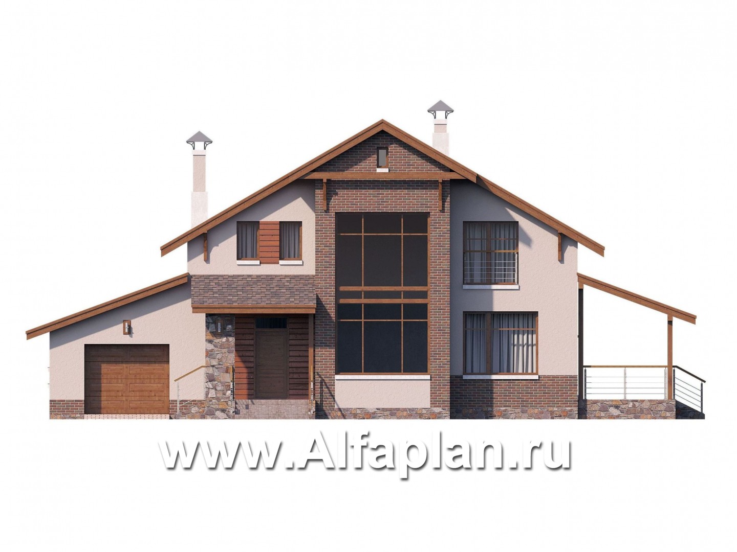 Проекты домов Альфаплан - «Регата» - комфортный дом в стиле шале с террасой и гаражом - изображение фасада №1