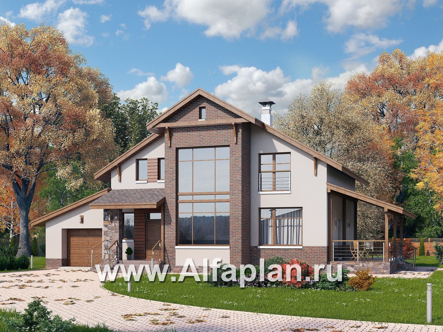 Проекты домов Альфаплан - «Регата» - комфортный дом в стиле шале с террасой и гаражом - основное изображение