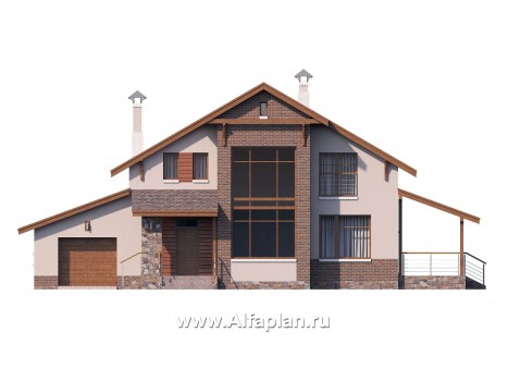 Проекты домов Альфаплан - «Регата» - комфортный дом в стиле шале с террасой и гаражом - превью фасада №1